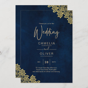 Gold Lace Navy Blue All-in-1 Wedding Invites QR Co
