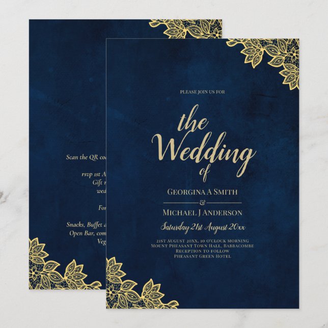 Gold Lace Navy Blue All-in-1 Wedding Invites QR Co (Front/Back)