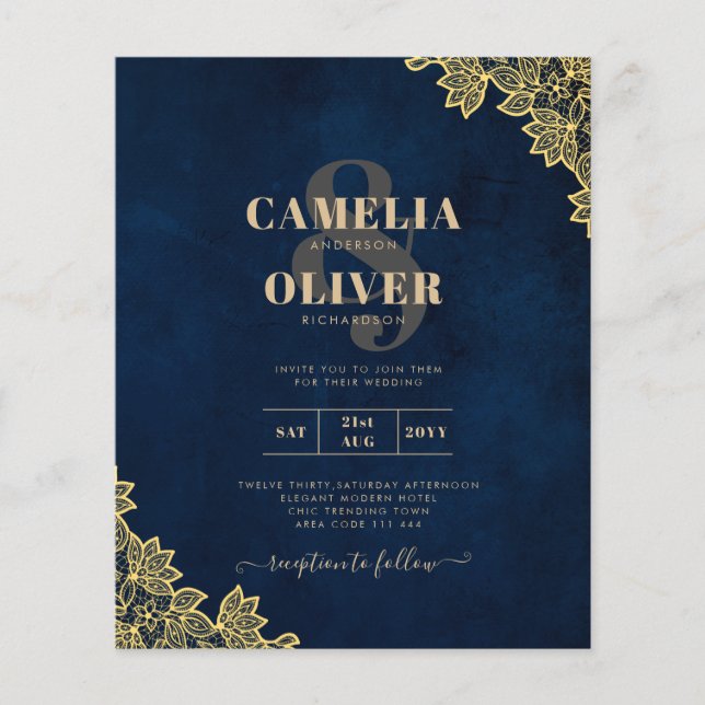 Gold Lace Navy Blue All-in-1 Wedding Invites QR Co (Front)
