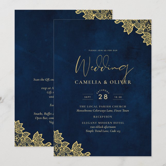 Gold Lace Navy Blue All-in-1 Wedding Invites QR Co (Front/Back)