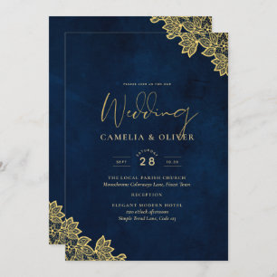 Gold Lace Navy Blue All-in-1 Wedding Invites QR Co