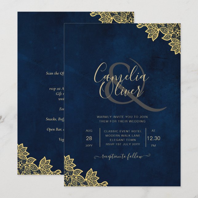 Gold Lace Navy Blue All-in-1 Wedding Invites QR Co (Front/Back)