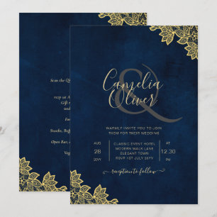 Gold Lace Navy Blue All-in-1 Wedding Invites QR Co