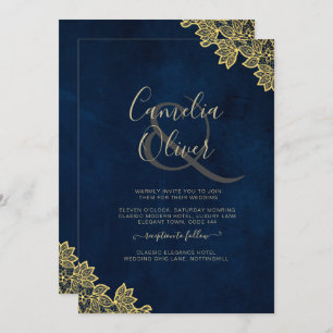 Gold Lace Navy Blue All-in-1 Wedding Invites QR Co