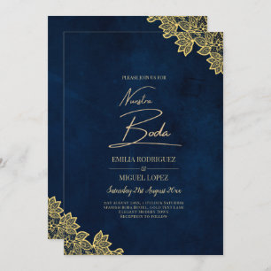 Gold Lace Navy Blue All-in-1 Wedding Invites QR Co
