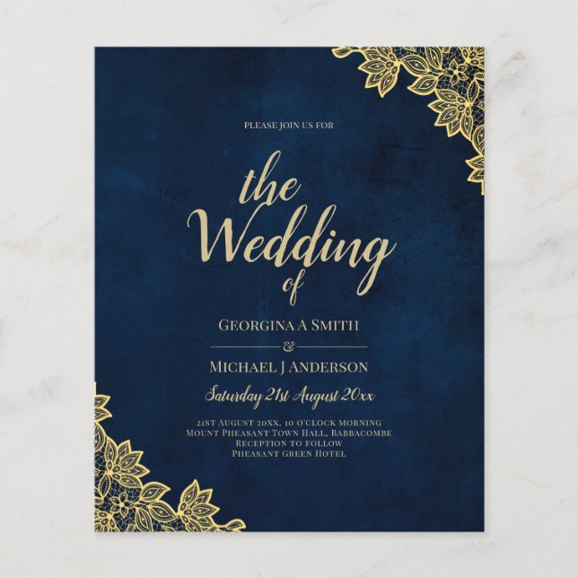 Gold Lace Navy Blue All-in-1 Wedding Invites QR Co Flyer (Front)