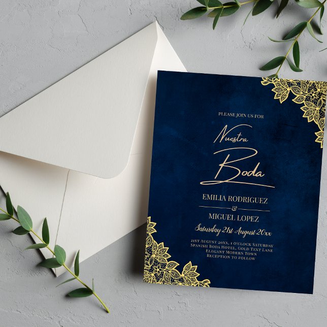 Gold Lace Navy Blue All-in-1 Wedding Invites QR Co Flyer (Creator Uploaded)