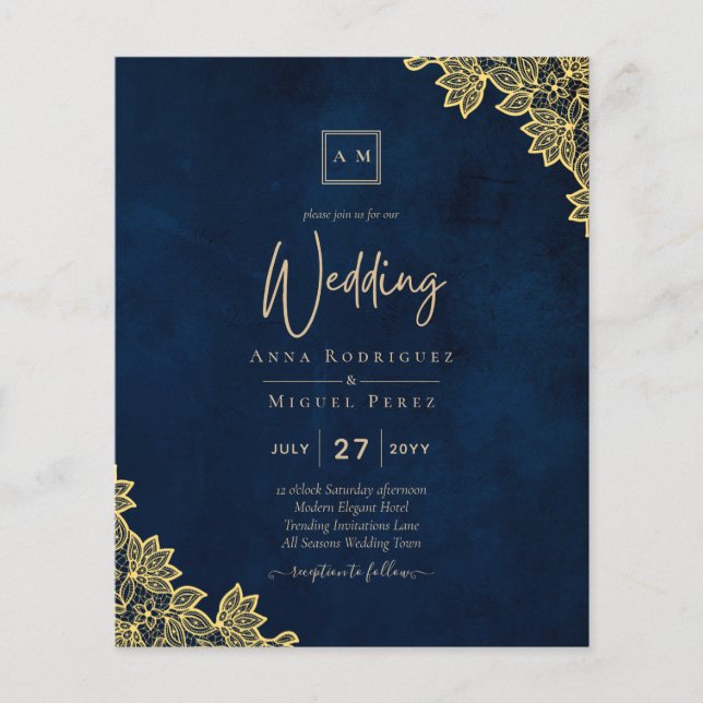 Gold Lace Navy Blue All-in-1 Wedding Invites QR Co Flyer (Front)
