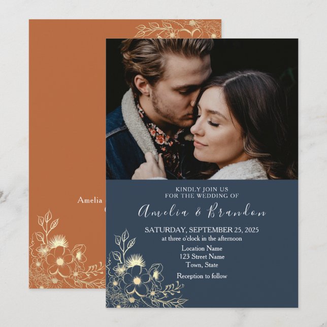Gold Lace Navy Blue Wedding Invitation (Front/Back)