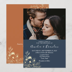 Gold Lace Navy Blue Wedding Invitation