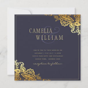 Gold Lace Navy Blue Wedding Invitations Budget