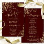 Gold Lace on Auburn Brown Budget Wedding Program<br><div class="desc">These wedding programs are elegant and tasteful, while still being budget friendly. The design features ornate golden faux foil lace with gold text on a deep auburn brown colored background. The typography features lacy script calligraphy, and there is room for details on the ceremony, the bridal party, and a short...</div>