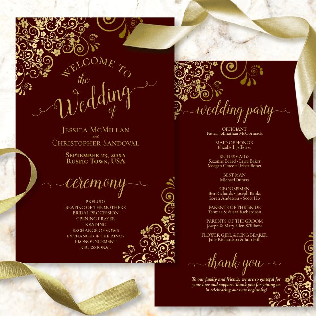 Gold Lace on Auburn Brown Budget Wedding Program (Front and Back)