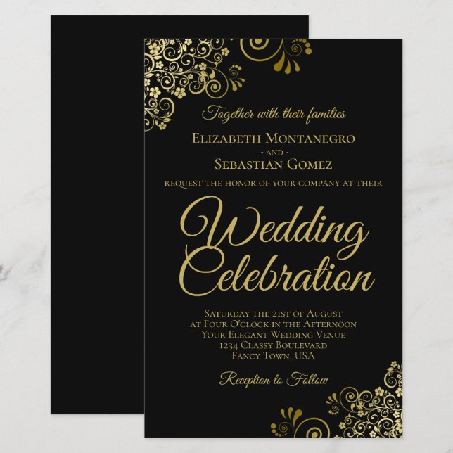 Gold Lace on Black BUDGET Wedding Invitation Large (Front/Back)