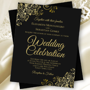 Gold Lace on Black Chic BUDGET Wedding Invitation