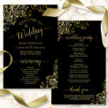 Gold Lace on Black Elegant Budget Wedding Program<br><div class="desc">These wedding programs are elegant and tasteful, while still being budget friendly. The design features ornate golden faux foil lace with gold text on a classic black background. The typography features lacy script calligraphy, and there is room for details on the ceremony, the bridal party, and a short thank you....</div>