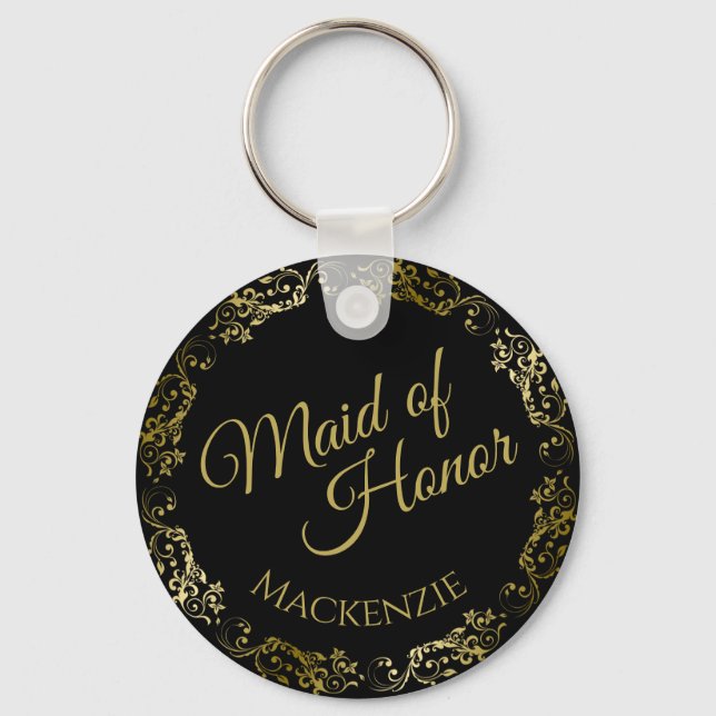Gold Lace on Black Elegant Maid of Honor Wedding Key Ring (Front)