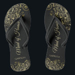 Gold Lace on Black Elegant Maid of Honour Wedding Flip Flops<br><div class="desc">These beautiful wedding flip flops are a great way to thank and recognise your Maid of Honour while saving her feet at the same time. Features an elegant design with golden lace frills on a black background and fancy gold coloured script lettering. The test reads Maid of Honour with her...</div>