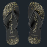 Gold Lace on Black Elegant Maid of Honour Wedding Flip Flops<br><div class="desc">These beautiful wedding flip flops are a great way to thank and recognise your Maid of Honour while saving her feet at the same time. Features an elegant design with golden lace frills on a black background and fancy gold coloured script lettering. The test reads Maid of Honour with her...</div>