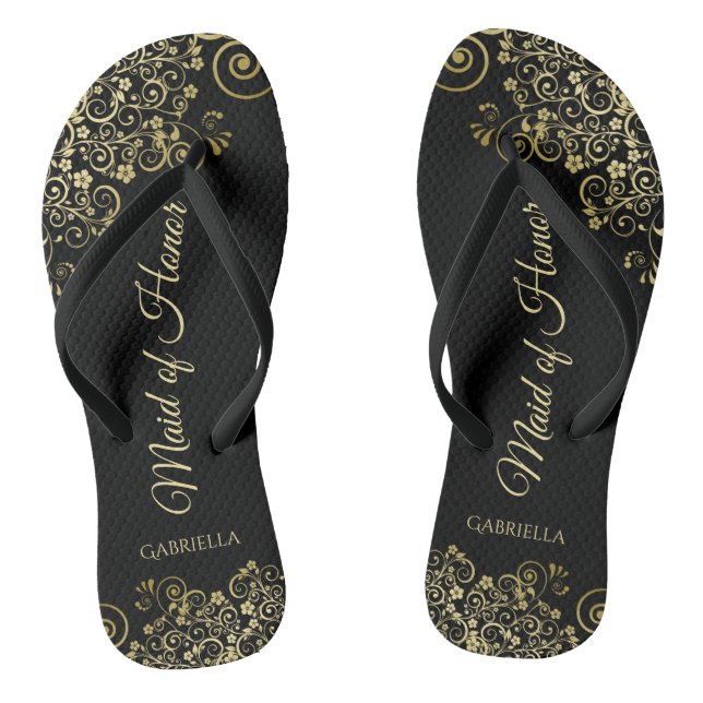 Gold Lace on Black Elegant Maid of Honour Wedding Flip Flops (Footbed)