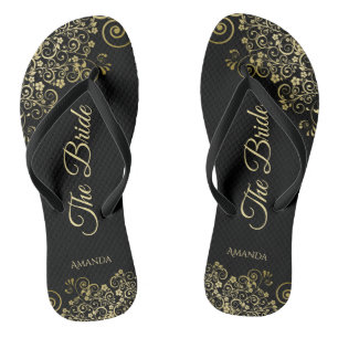 Gold Lace on Black The Bride Elegant Wedding Flip Flops