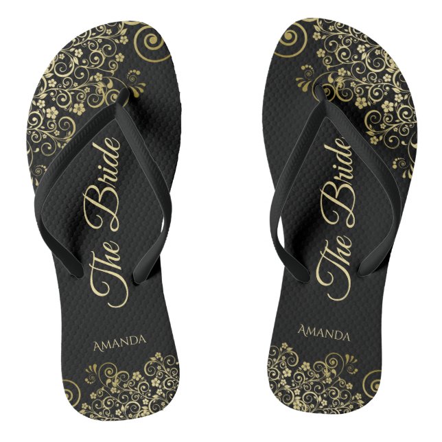Gold Lace on Black The Bride Elegant Wedding Flip Flops (Footbed)