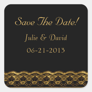 Gold lace on Black Wedding Save The Date Square Sticker