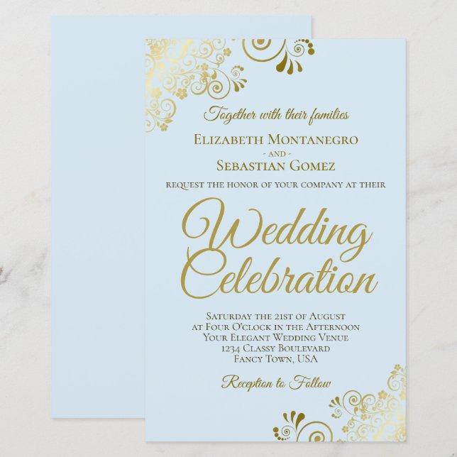 Gold Lace on Blue BUDGET Wedding Invitation Large (Front/Back)