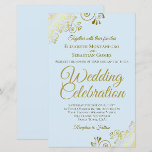 Gold Lace on Blue BUDGET Wedding Invitation Large