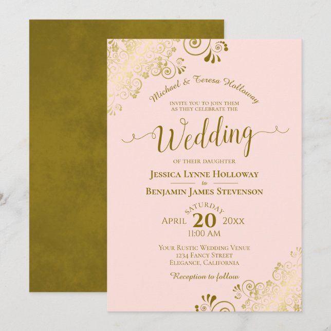 Gold Lace on Blush Pink Elegant Formal Wedding Invitation (Front/Back)