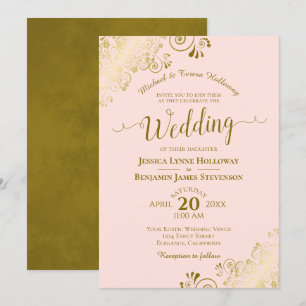 Gold Lace on Blush Pink Elegant Formal Wedding Invitation