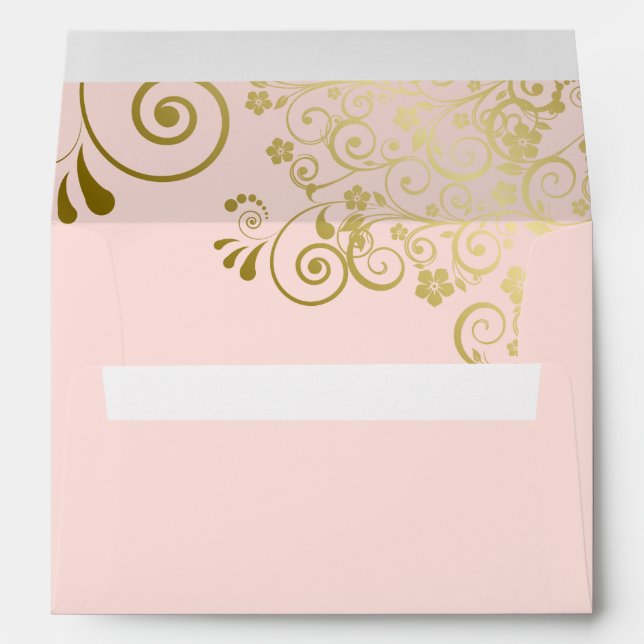 Gold Lace on Blush Pink Elegant Wedding Envelope (Back (Bottom))