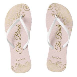 Gold Lace on Blush Pink The Bride Elegant Wedding Flip Flops