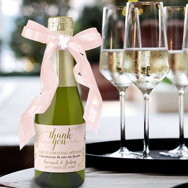 Gold Lace on Blush Pink Wedding Thank You Mini Sparkling Wine Label (Creator Uploaded)