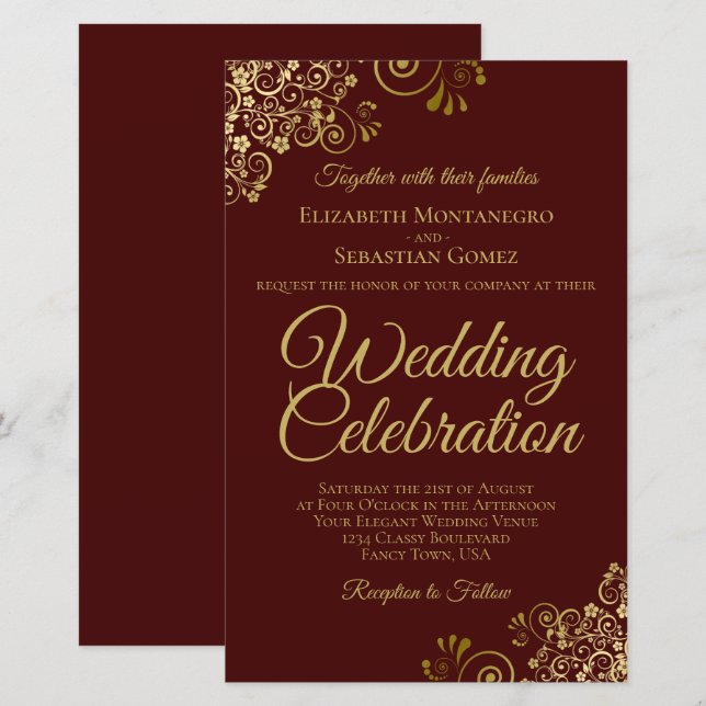 Gold Lace on Brown BUDGET Wedding Invitation Large (Front/Back)