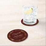 Gold Lace on Burgundy Brown Elegant Wedding Round Paper Coaster<br><div class="desc">These beautiful wedding coasters feature a simple yet elegant design with a golden faux foil lace border on an auburn or burgundy brown coloured background. There is gold script lettering with the couple's names and the wedding date. Wonderful wedding memento or save the date gift.</div>