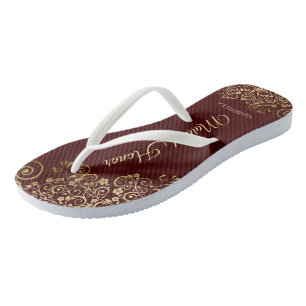Gold Lace on Burgundy Brown Maid of Honour Wedding Flip Flops