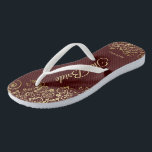 Gold Lace on Burgundy Brown The Bride Wedding Flip Flops<br><div class="desc">Dance the night away with these beautiful wedding flip flops. Designed for the bride, they feature a simple yet elegant design with gold coloured script lettering on a burgundy brown or auburn coloured background and fancy golden lace curls and swirls. Beautiful way to stay fancy and appropriate while giving your...</div>