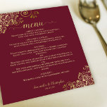 Gold Lace on Burgundy Maroon Budget Wedding Menu<br><div class="desc">These beautiful wedding menus are simple,  elegant,  and stylish while still being budget friendly and affordable. They feature a classy and glamourous design with golden faux foil lace and script calligraphy on a maroon or burgundy red background. The back is a beautiful marbled gold colour.</div>