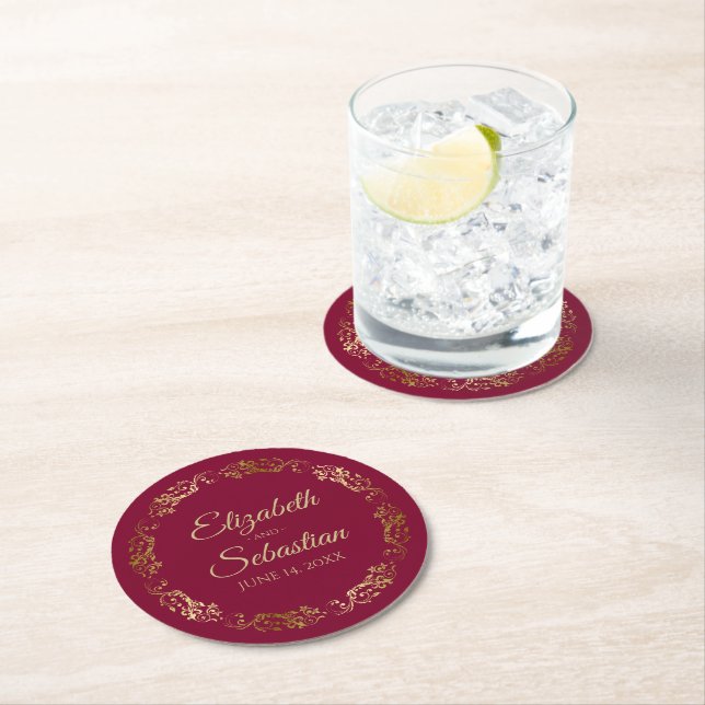 Gold Lace on Burgundy Maroon Elegant Wedding Round Paper Coaster (Insitu)