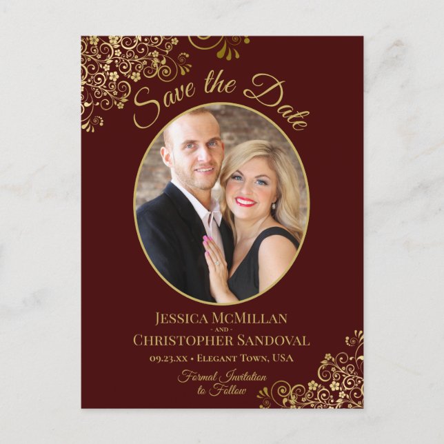 Gold Lace on Burgundy Wedding Save the Date Photo Announcement Postcard (Front)