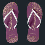 Gold Lace on Cassis Purple Bridesmaid Wedding Flip Flops<br><div class="desc">These elegant wedding flip flops are a great way to thank and recognise your bridesmaids, while giving their feet a rest after a long day. The beautiful design features an elegant design with golden lace frills on a cassis purple, magenta, or berry coloured background and fancy gold coloured script lettering....</div>
