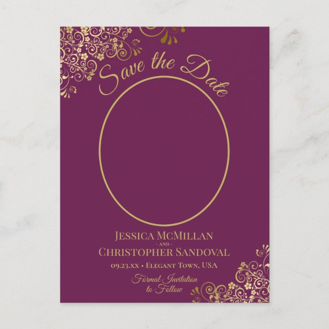 Gold Lace on Cassis Wedding Save the Date Photo Announcement Postcard (Front)