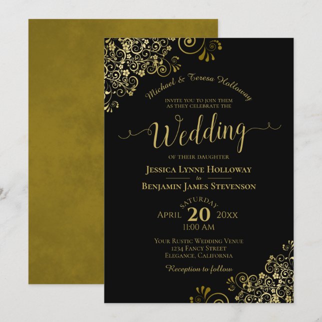 Gold Lace on Classic Black Elegant Formal Wedding Invitation (Front/Back)