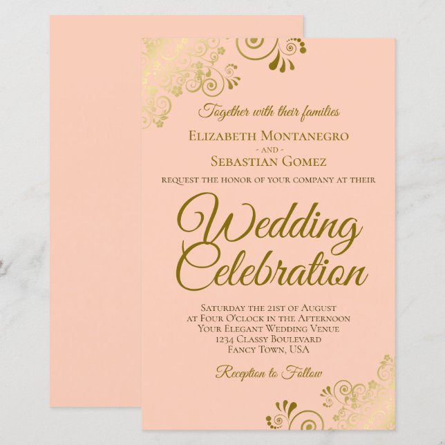 Gold Lace on Coral BUDGET Wedding Invitation Large (Front/Back)