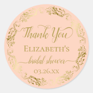 Gold Lace on Coral Peach Bridal Shower Thank You Classic Round Sticker