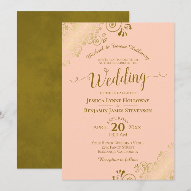Gold Lace on Coral Peach Elegant Formal Wedding Invitation (Front/Back)