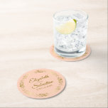 Gold Lace on Coral Peach Elegant Wedding Round Paper Coaster<br><div class="desc">These beautiful wedding coasters feature a simple yet elegant design with a golden faux foil lace border on a light orange or coral peach coloured background. There is gold script lettering with the couple's names and the wedding date. Wonderful wedding memento or save the date gift.</div>