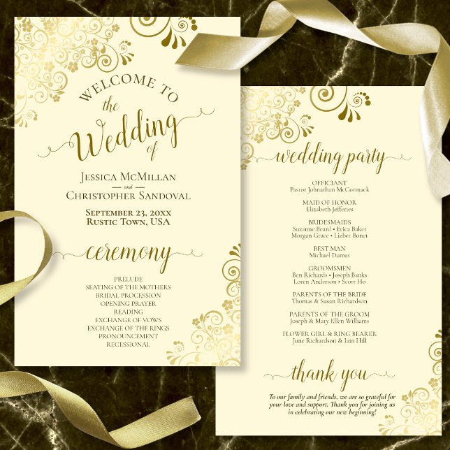Gold Lace on Cream Elegant Budget Wedding Program (In Situ Front and Back)