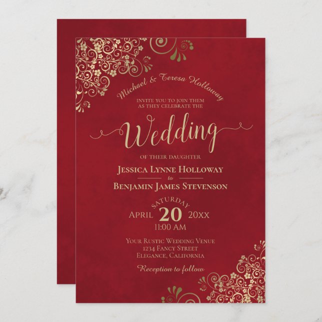 Gold Lace on Crimson Red Elegant Formal Wedding Invitation (Front/Back)